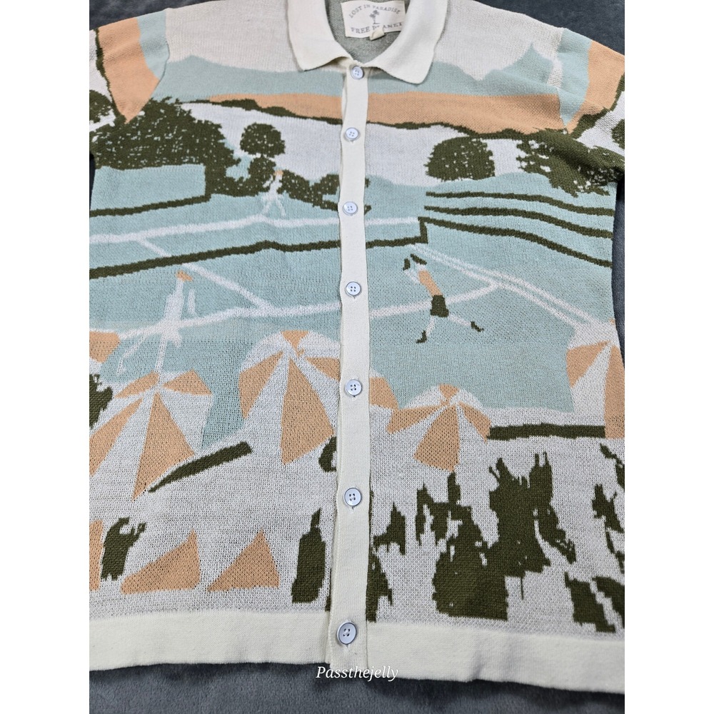 Free‎ Planet Men's Small Crocheted Polo Shirt Graphic Button Tennis Knit